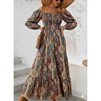 Lucky Life Kadın Düşük Omuzlu Beli Büzgülü Dijital Desenli Kesik Elyaf Süprem Uzun Elbise