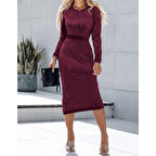 Lucky Life Kadın Uzun Kollu Bisiklet Yaka Taşlı Midi Kadife Elbise