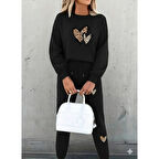 Lucky Life Kadın Uzun Kollu Bisiklet Yaka Kalp Desenli şardonlu üç Iplik Bluz Ve Pantolon Ikili Takım