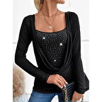 Lucky Life Kadın Uzun Kollu Derin Degaje Yakalı Taşlı Sandy Bluz