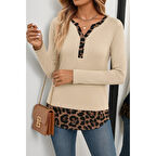 Lucky Life Kadın Uzun Kollu Yakadan Düğmeli Leopar Detaylı Kaşkorse Bluz