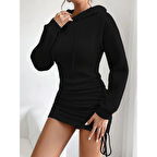 Lucky Life Kadın Uzun Kollu Kapşonlu Yandan Büzgülü Mini Viskon Iki Iplik Elbise