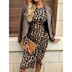 Lucky Life Kadın Uzun Kollu Bisiklet Yaka Leopar Desenli Modal Midi Elbise