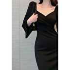 Lucky Life Lucky Life Kadın Uzun Kollu Kalp Yakalı Midi Ithal Krep Elbise