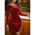 Lucky Life Kadın Uzun Kollu Yuvarlak Pulpayet Yaka Ve Sırt Detaylı Mini Kadife Elbise