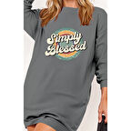 Lucky Life Kadın Uzun Kollu Bisiklet Yaka Yazılı Viskon Iki Iplik Elbise