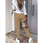 Lucky Life Kadın Yüksek Bel önden Düğmeli Cepli Bilek Lastik Detay Atlas Pantolon