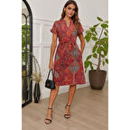 Lucky Life Kadın Kısa Kollu V Hakim Yaka Belden Kuşaklı Desenli Keten Elbise