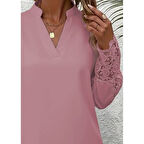 Lucky Life Kadın Uzun Kollu Hakim Yaka Kolları Dantel Detaylı Ithal Krep Bluz