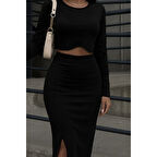 Lucky Life Kadın Uzun Kollu Bisiklet Yaka Kısa Krop Dalgıç Bluz Ile önden Yırtmaçlı Uzun Etek Ikili Takım