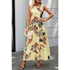 Lucky Life Kadın Askılı Yuvarlak Yaka Cepli Desenli Süprem Elbise