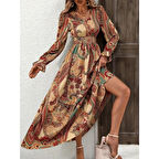 Lucky Life Kadın Uzun Kollu V Yakalı Beli Lastikli Desenli Süprem Elbise