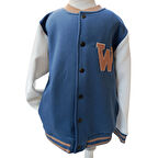 Erkek Çocuk Kolej Mont Mavi - Krem W Nakışlı Şardonlu Tam Kalıp