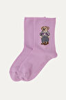 Kız Çocuk Teddy Desenli Lastiksiz Modal Soket Çorap Lila