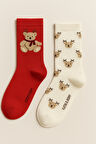 Kadın 2'li Teddy Desenli Yılbaşı Temalı Soket Çorap Kırmızı Mix