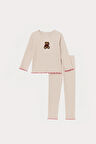 Kız Çocuk Teddy Desenli Pijama Takımı Ekru