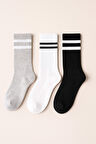 Unisex Çizgi Desenli Soket Çorap Gri Mix