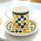 Sarı Lacivert Ekose Desenli 6 Kişilik Porselen Kahve Fincan Takımı