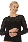 Özkan 7428 Kadın Viskon Lez Dantel Uzun Kollu Esnek Rahat Yuvarlak Yaka Bluz