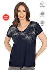 Özkan 25501 Kadın Vorteks Viskon Premium Kumaş Örme Bluz Önü Baskılı Likralı V Yaka Kısa Kollu 