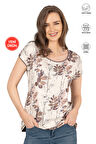Özkan 26547 Kadın Vorteks Viskon Premium Kumaş Önü Baskılı Likralı Kısa Kollu Örme Bluz