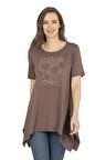 Özkan 27024 Kadın Premium Yumuşak Kumaş Kahve Vorteks Viskon Likralı Önü Baskılı Kısa Kollu Büyük Beden Bluz Tunik