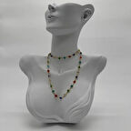 Çelik Gold Yuvarlak Renli Taş Kolye  - Gold