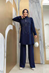 Taş Baskı Desenli Tunik Pantolon Takım 8447 Lacivert