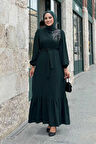 Boydan Düğmeli Omuz Taş İşleme Detaylı Ferace Elbise 3840 Zümrüt