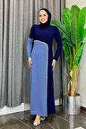 İki Renkli İnci Detaylı Elbise 3865 Lacivert