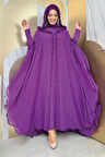 Kapişonlu Belirli Kısımları Fırfır Detaylı Abayalı Elbise Takım 3778 Mor