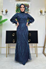 Desenli Bel Kemerli Balık Abiye Elbise 1139 Lacivert