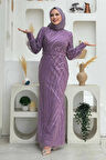 Desenli Bel Kemerli Balık Abiye Elbise 1139 Lila