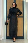 Bym Fashion Çiçek Desenli Simli Tül Abiye Elbise 1108 Siyah