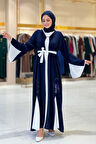 Nakış İşleme Detaylı Bel Kuşaklı Abaya 7901 Lacivert