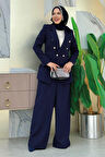 Düğme Detay Blazer Ceket Bol Pantolon Takım 8302 Lacivert