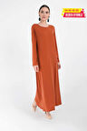 Büyük Beden Düz Bisklet Yaka Uzun Kol İç Sandy Elbise 3202-1 Kiremit