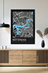 Tek Parça Siyah Çerçeve Görünümlü "Rotterdam Siyah" Harita Mdf Tablo
