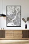 Tek Parça Siyah Çerçeve Görünümlü "İstanbul Beyaz" Harita Mdf Tablo
