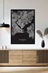 Tek Parça Siyah Çerçeve Görünümlü "İstanbul Siyah" Harita Mdf Tablo