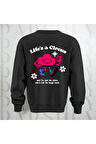 Life's a Circus Baskılı Kalın Kumaş 3 İplik Şardonlu Oversize Bisiklet Yaka Sweatshirt