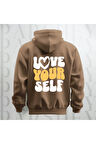 Love Your Self Sırt Baskılı Kapüşonlu Oversize Sweatshirt Hoodie Kalın Kumaş 3 İplik Şardonlu
