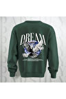 Dream Kuş Desenli Sırt Baskılı 3 İplik Şardonlu Oversize Unisex Bisiklet Yaka Sweatshirt