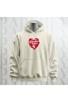 Happy Valentine's Day Kalp Desenli Kapüşonlu Oversize Sweatshirt Hoodie Kalın Kumaş 3 İplik Şardonlu