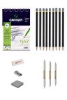 Canson 1557 Eskiz Defterli 9 Karakalem Çizim Seti Pastel Dağıtma, Kalemtıraş, Silgi Eskiz Seti