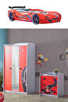 Çocuk Odası, Mercedes Full Ledli Arabalı Yatak, Formula 3 Kapaklı Dolap, Şifonyer - Kırmızı
