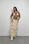 Büzgü Detay Bej Maxi Etek
