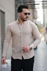 Erkek Krem Basic %100 Pamuklu Dökümlü Kumaş Uzun Kollu Salaş Gömlek