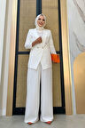 Düğme Detay Blazer Ceket Bol Pantolon Takım 8302 Ekru
