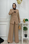 Düğme Detay Blazer Ceket Bol Pantolon Takım 8302 Vizon